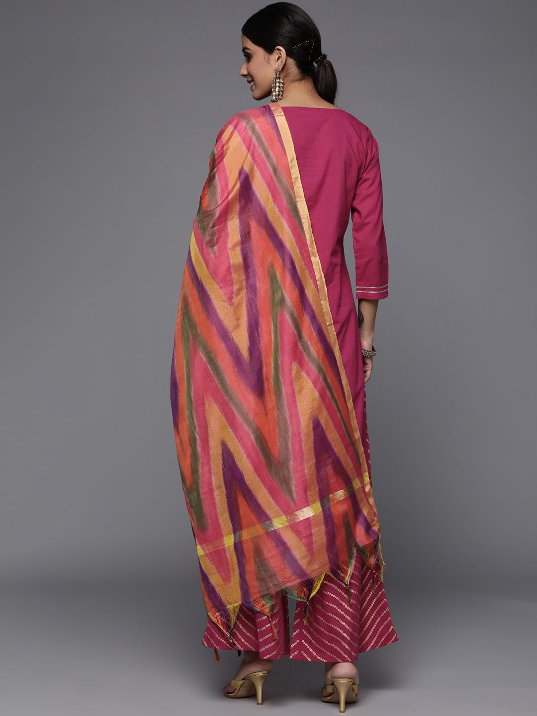 Dhiyona VA Women's Fuchsia Pink & Golden Floral Print Cotton Kurta with Palazzos & Dupatta
