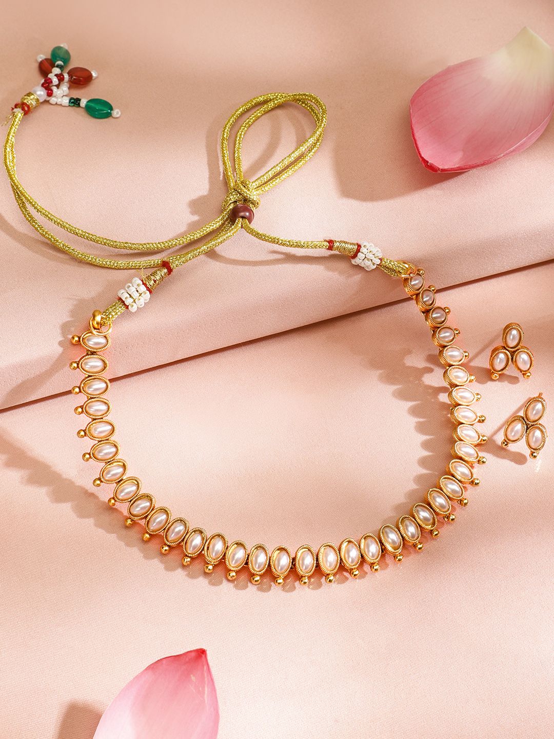 Dhiyona RJ Women's 22KT Gold Plated Stylish Pearl Studded Oval Link Design Choker Necklace Set
