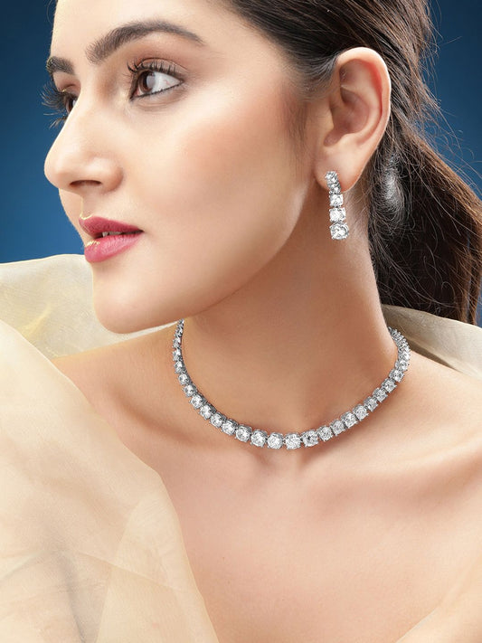 Dhiyona RJ Women's Rhodium-Plated White Cubic Zirconia Studded Tennis Necklace