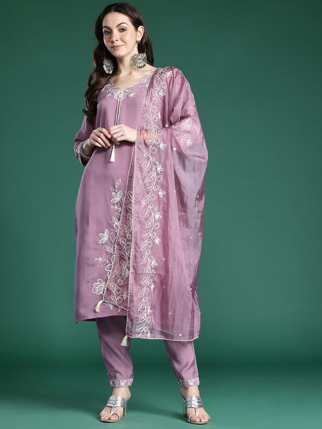 Floral Embroidered Thread Work Kurta with Trousers & With Dupatta