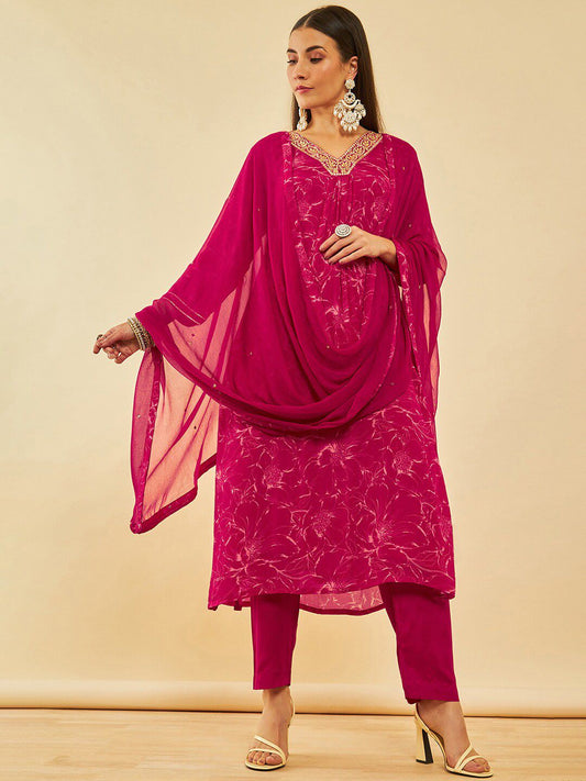 Dhiyona SO Women's Floral Embroidered Regular Gotta Patti Kurta with Trousers & Dupatta