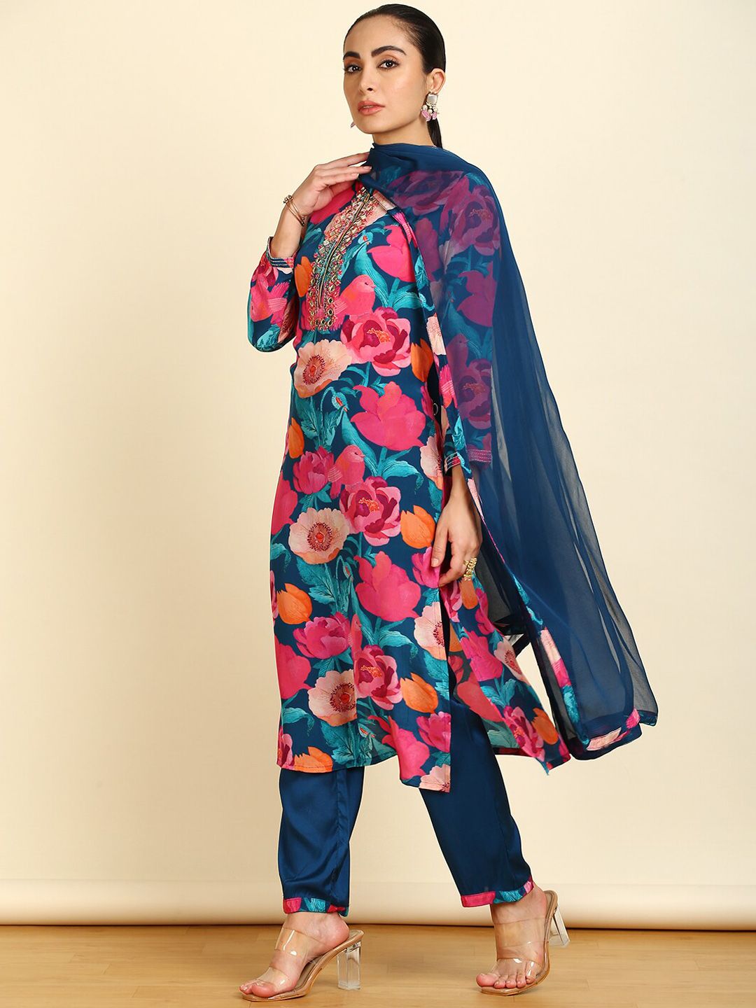 Dhiyona SO Women's Floral Printed Straight Mirror Work Kurta With Trousers & Dupatta