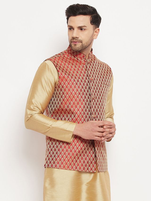 Men's Maroon Silk Blend Straight Nehru Jacket