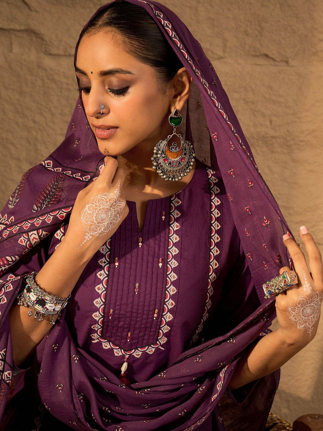 Thread Work Pure Cotton Straight Kurta With Trousers & Dupatta