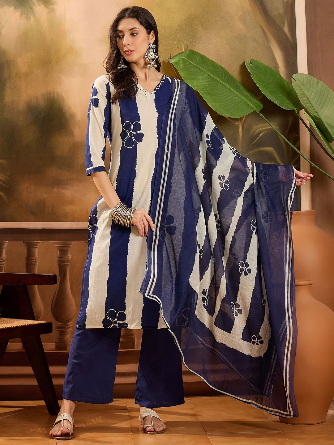 Dhiyona SN Women's Floral Printed V-Neck Pure Cotton Straight Kurta With Trousers And Dupatta