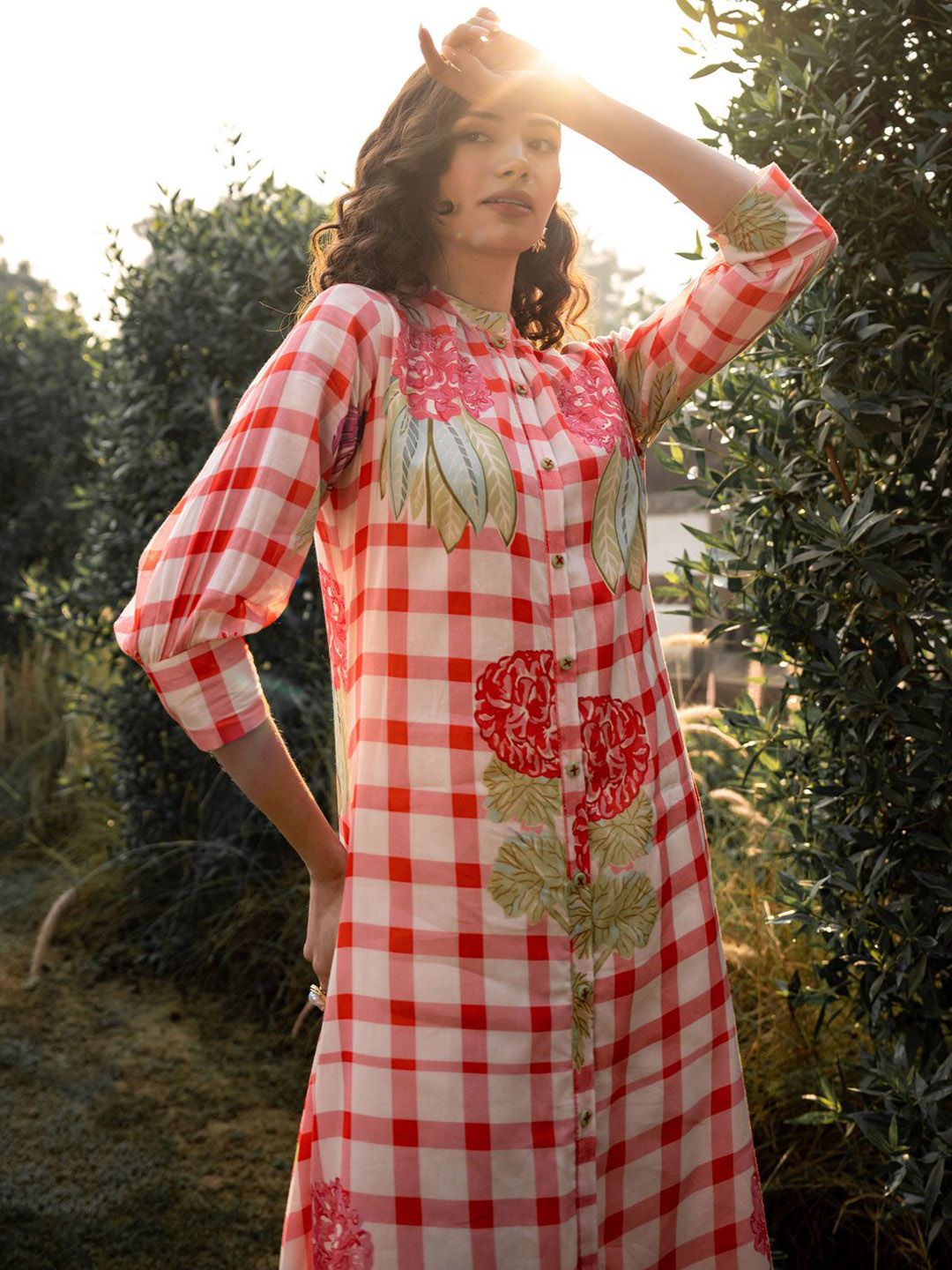 Dhiyona IE Floral Printed Mandarin Collar A-Line Pure Cotton Kurta With Trousers
