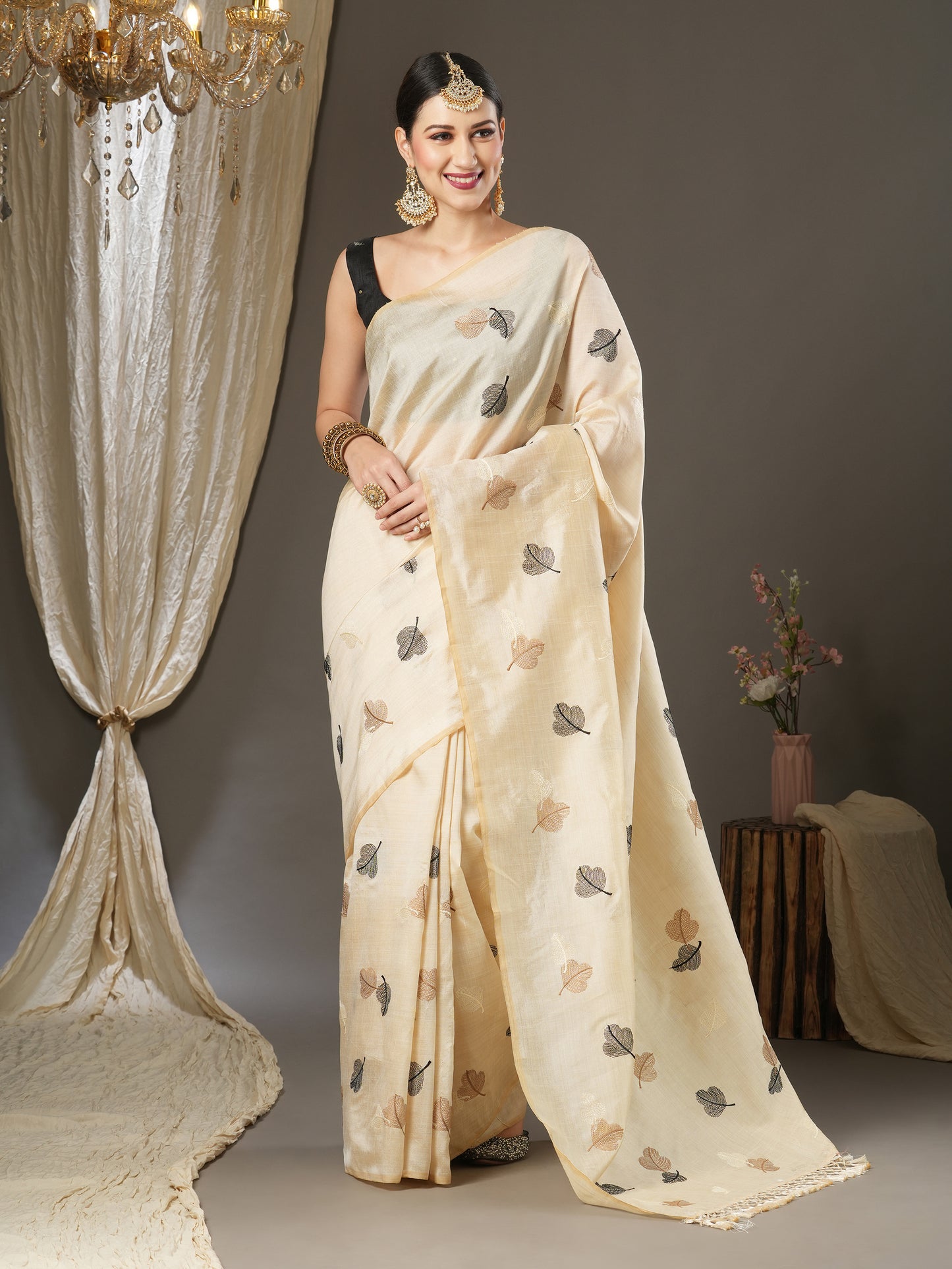 Women's Silk Blend Cream Embroidered Designer Saree With Blouse Piece
