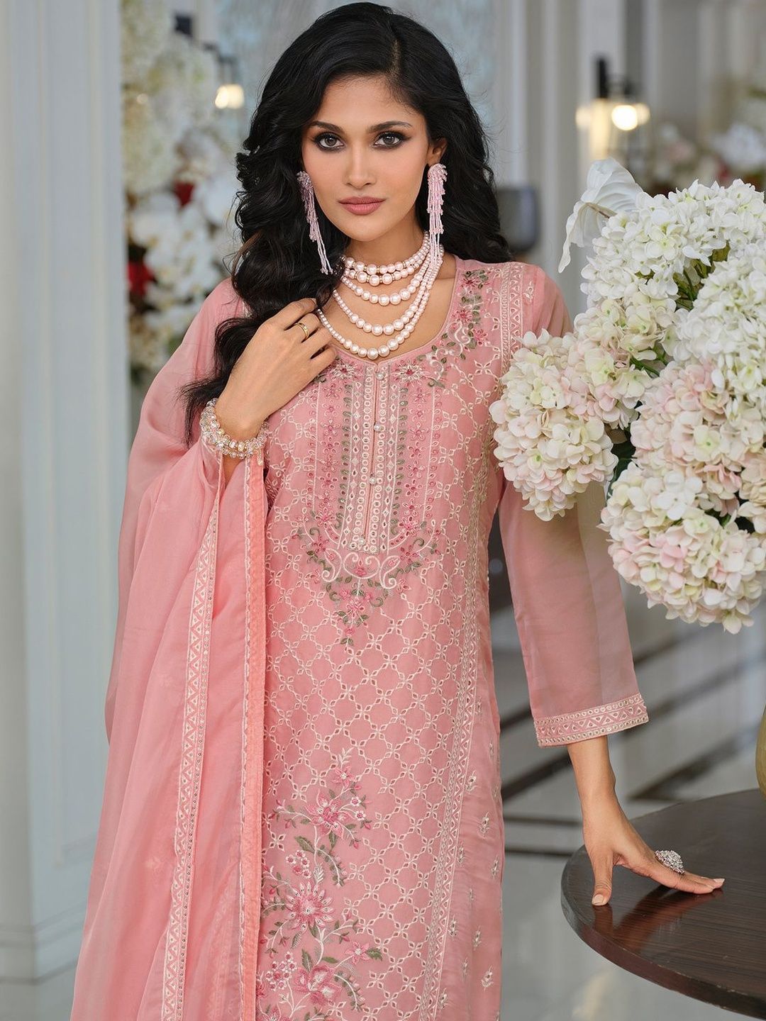 Floral Yoke Design Thread Work Organza Straight Kurta & Trousers With Dupatta