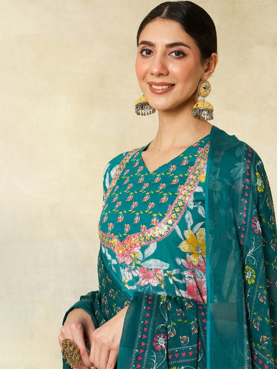Women's Floral Printed Pure Cotton Anarkali Kurta With Palazzos And Dupatta