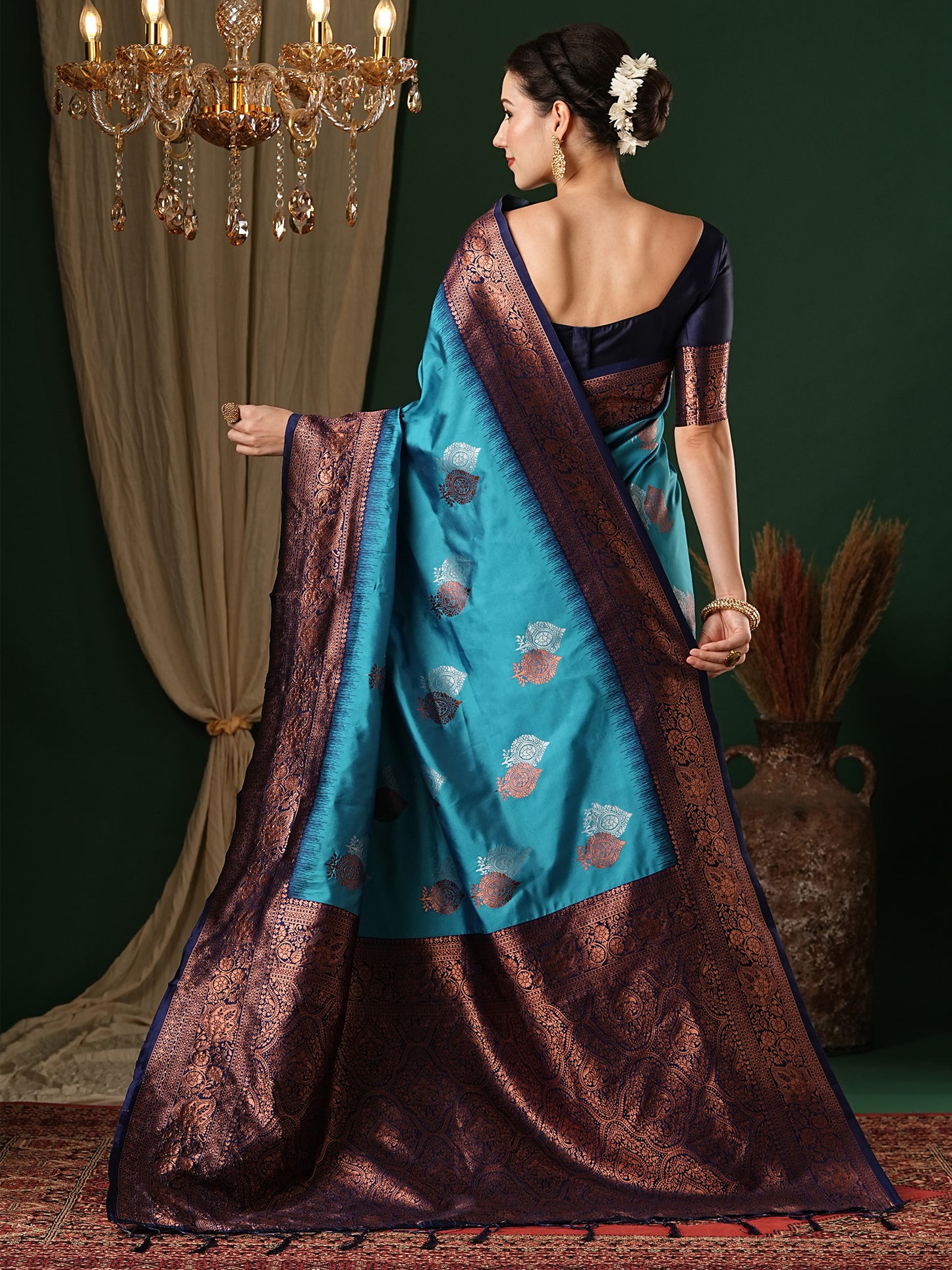 Women's Silk Blend Light Blue Woven Design Designer Saree With Blouse Piece