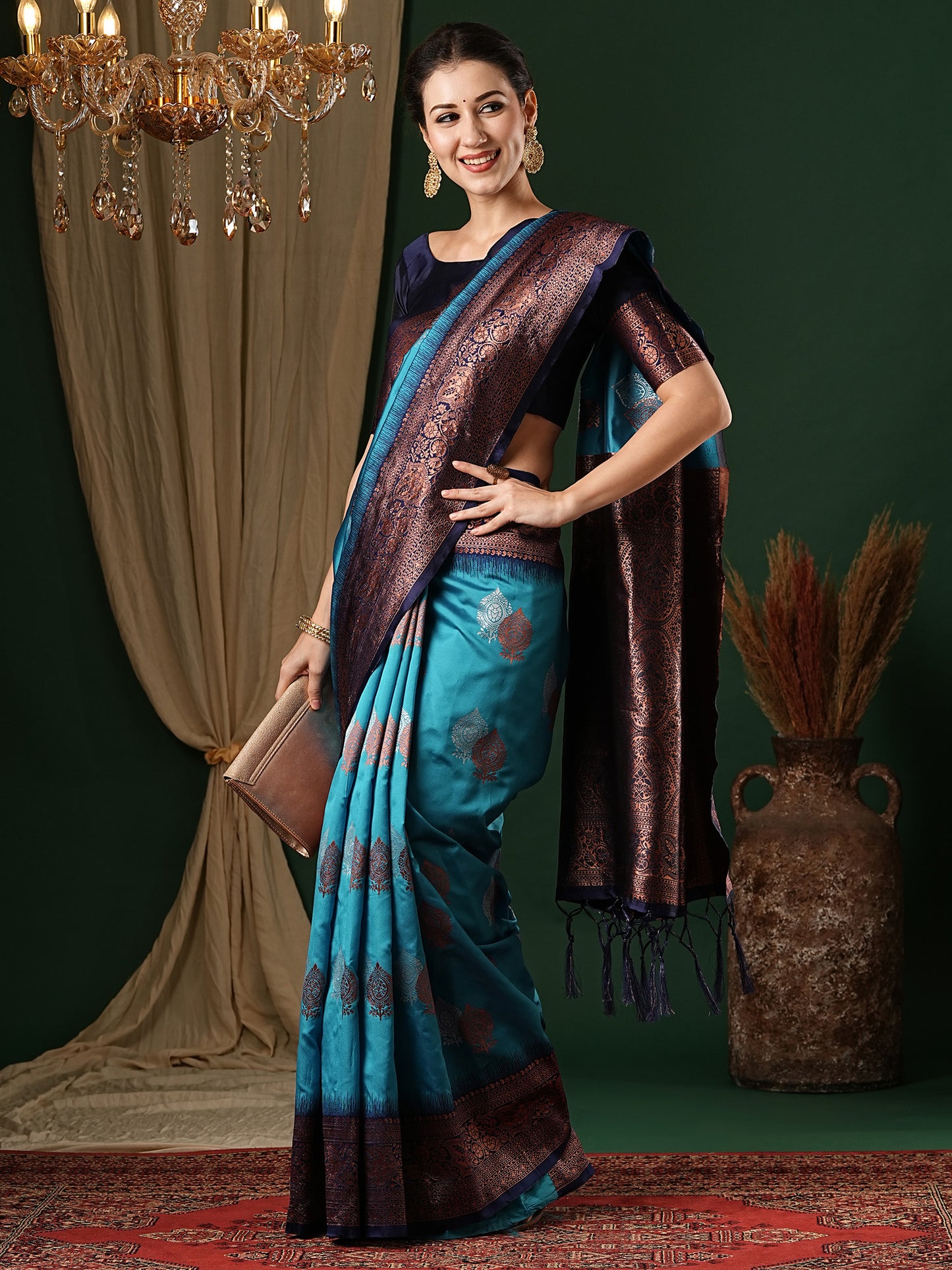 Women's Silk Blend Light Blue Woven Design Designer Saree With Blouse Piece