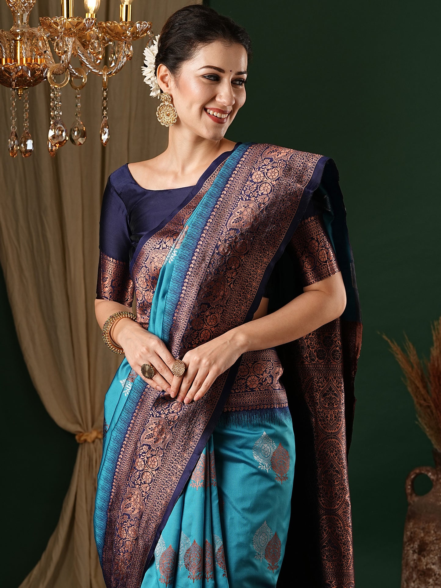 Women's Silk Blend Light Blue Woven Design Designer Saree With Blouse Piece