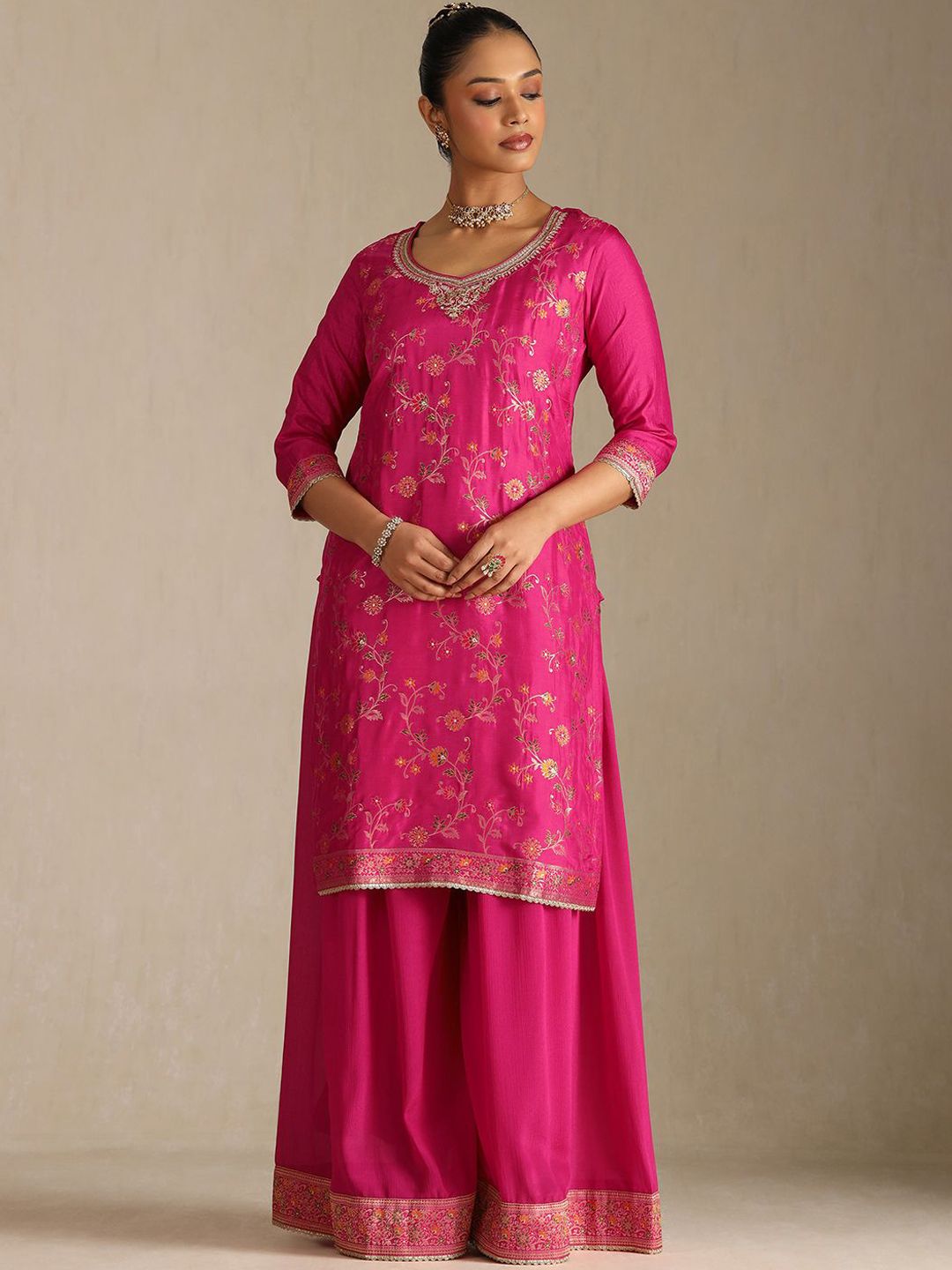 Dhiyona SO Women's Floral Printed Beads & Stones Brocade Weave Round Neck Kurta With Palazzos & Dupatta