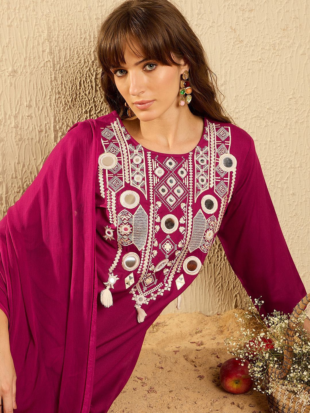 Dhiyona IE Women Ethnic Motifs Embroidered Regular Mirror Work Kurta with Trousers & With Dupatta