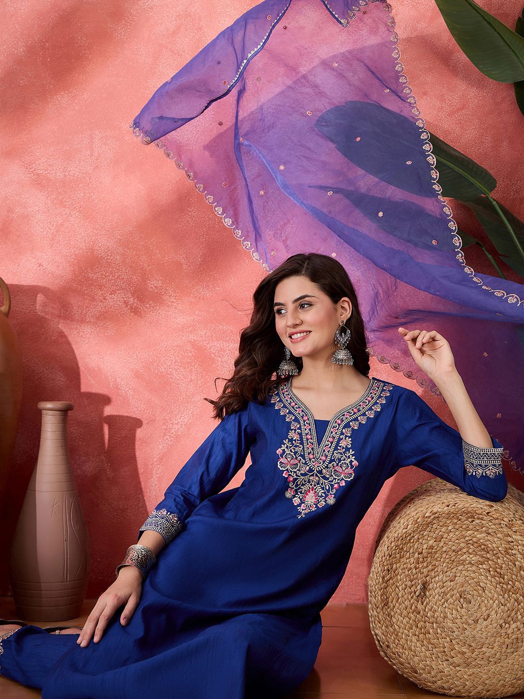 Dhiyona SN Women's Embroidered Zari Mirror Work Kurta Pant with Dupatta Set