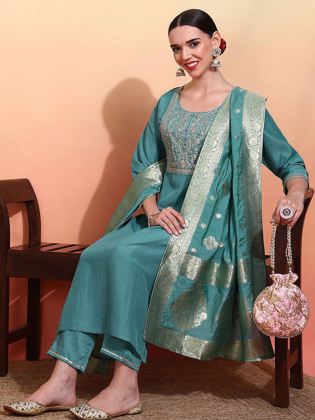 Dhiyona OD Women Embroidered Regular Kurta with Trousers & With Dupatta