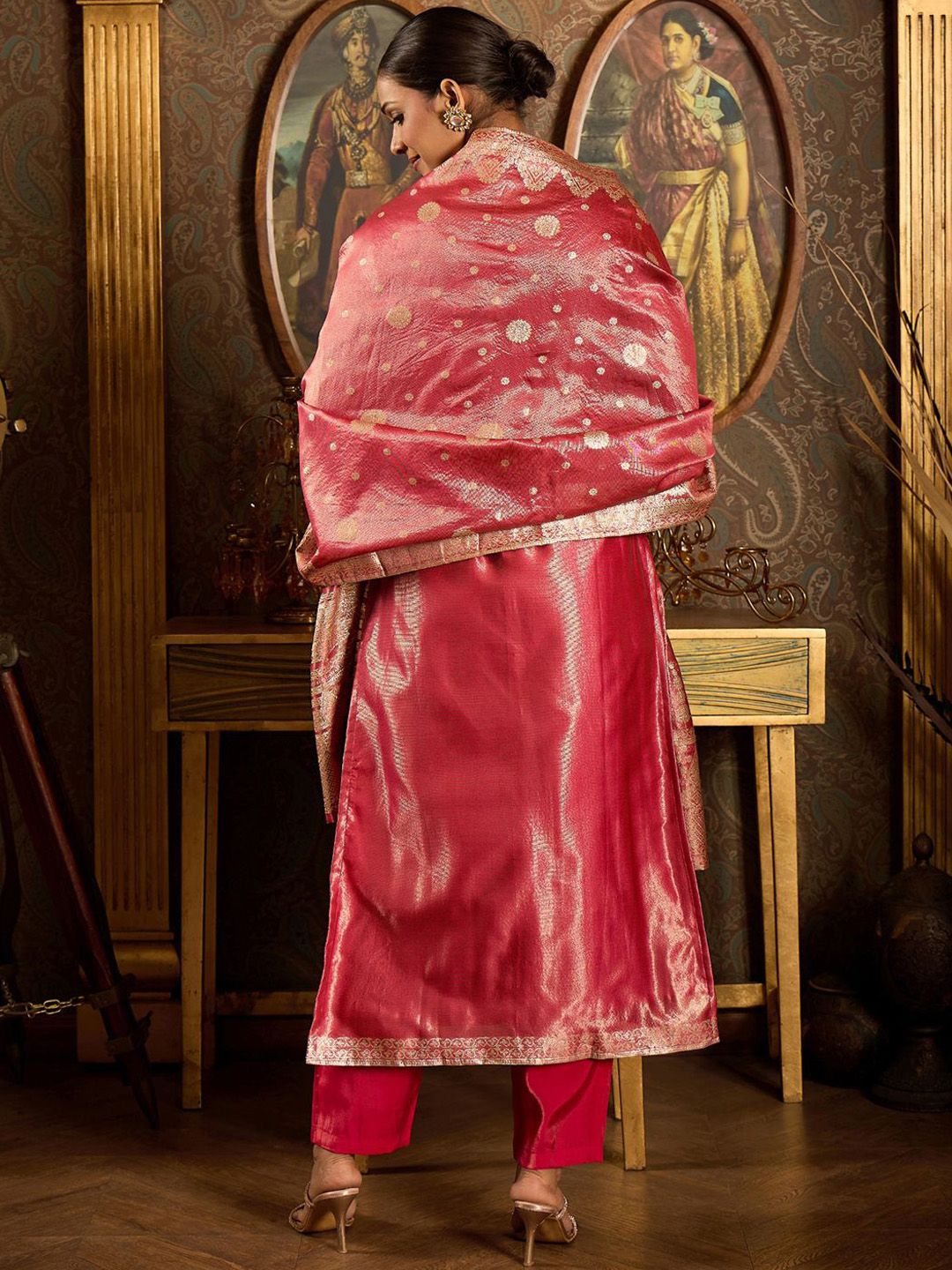 Dhiyona IE V-Neck Ethnic Motifs Woven Design Straight Kurta with Trouser & Dupatta