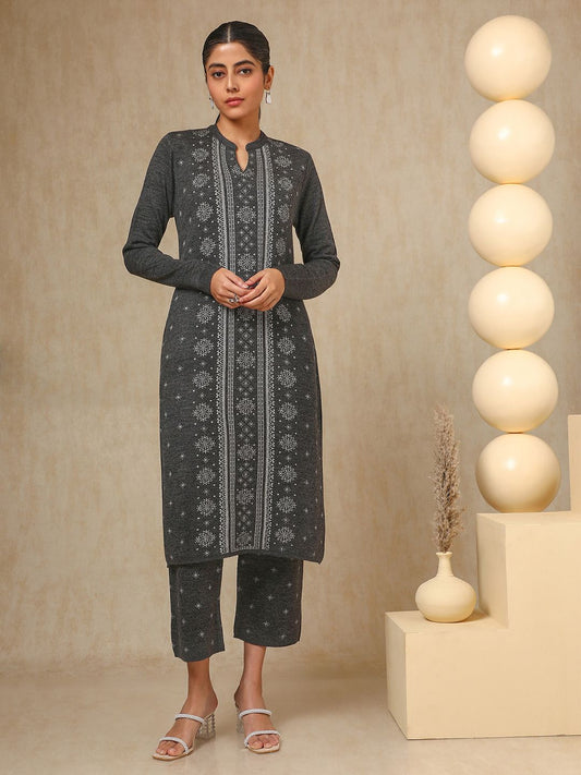 Dhiyona SO Women's Charcoal Floral Woven Design Mandarin Collar Acrylic Straight Kurta With Trouser