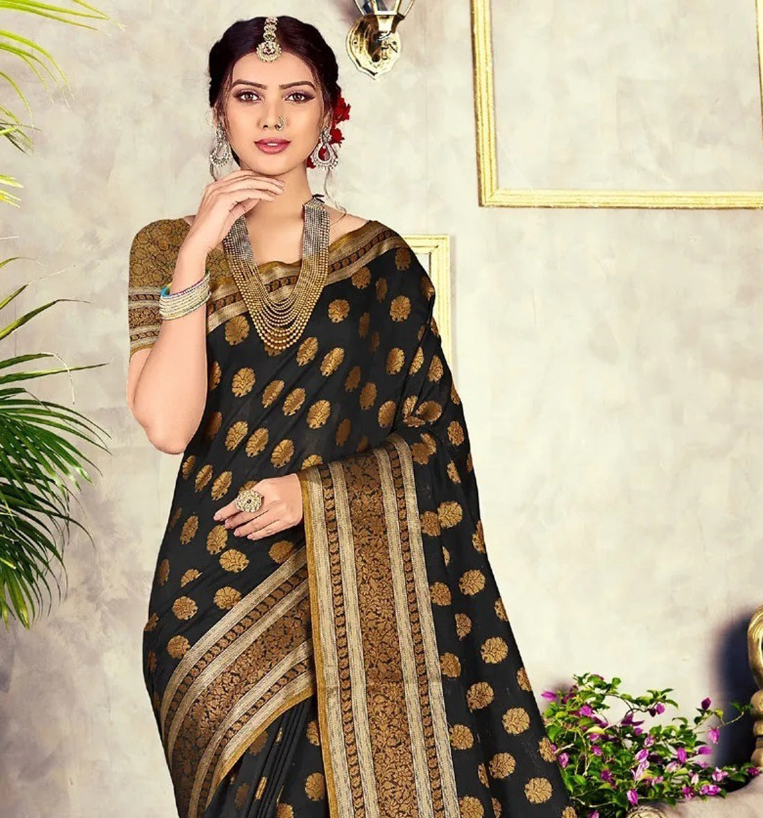 Dhiyona GR Women's GJ Black Diamond Carbon Black Zari Woven Design Cotton Blend Saree