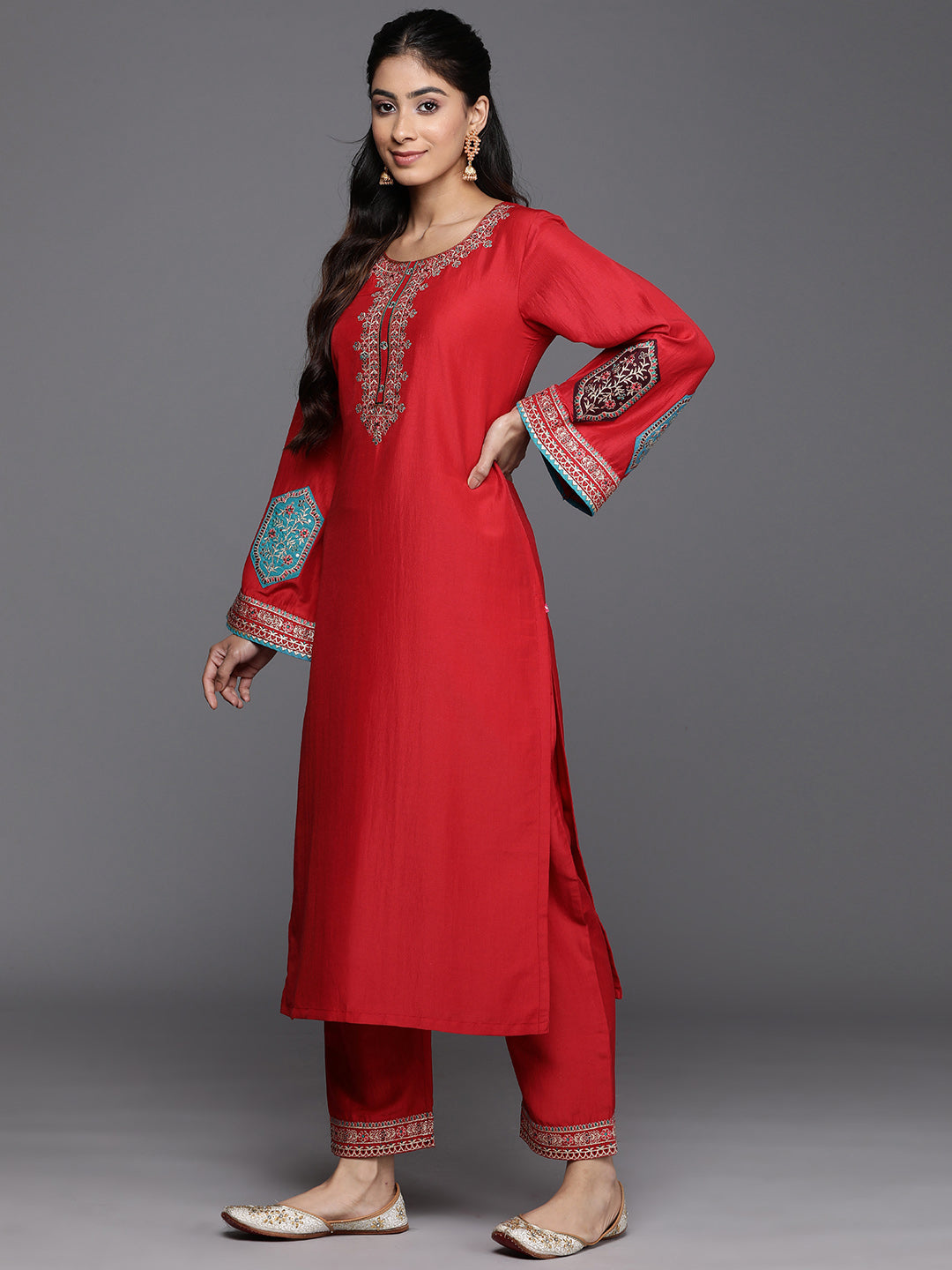 Dhiyona VR Women's Red Embroidered Straight Kurta Paired With Tonal Bottom And Contrast Dupatta With Four Sided Fringes