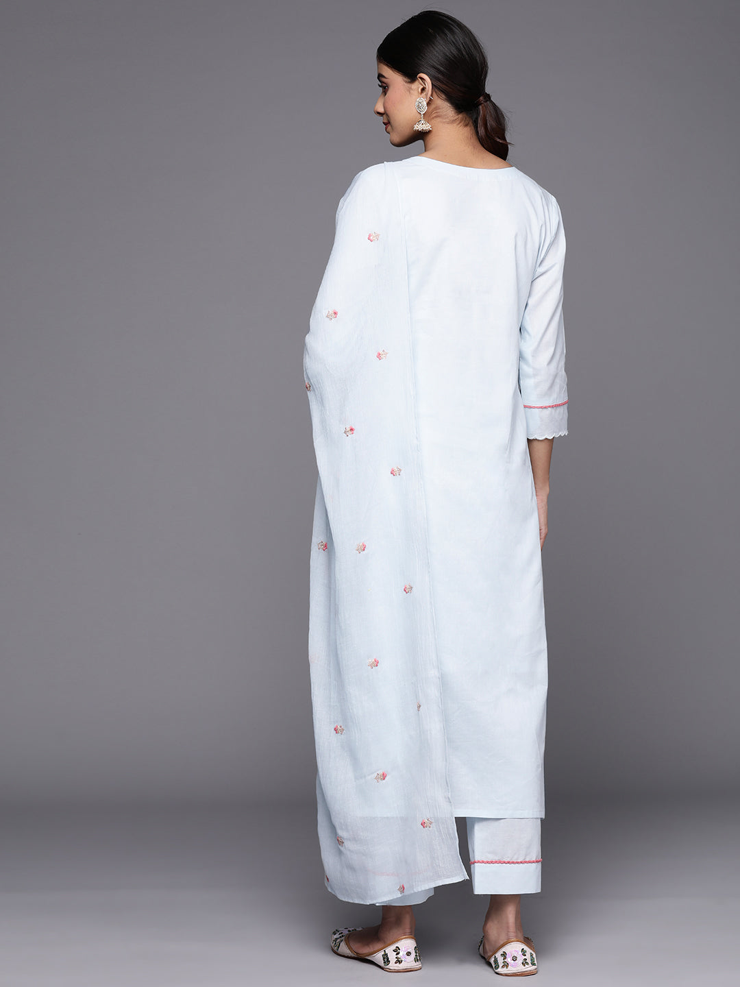 Dhiyona VR Women's Blue Sequin And Thread Embroidered A-Line Kurta Paired With Tonal Bottom And Tonal Embroidered Dupatta