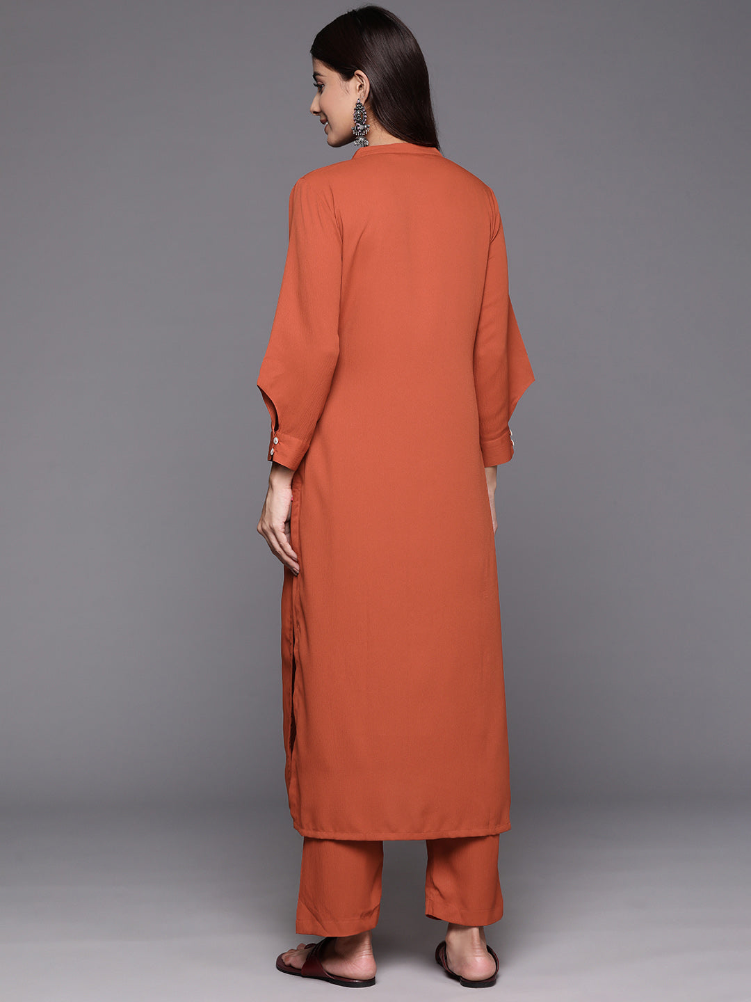 Dhiyona VR Women's Rust Long Sleeves With Smart Cut Cuff, Straight Kurta Paired With Tonal Solid Bottom