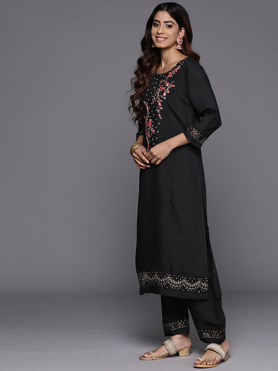 Dhiyona VR Women's Black Thread And Sequins Embroidered Kurta With Bottom And Dupatta