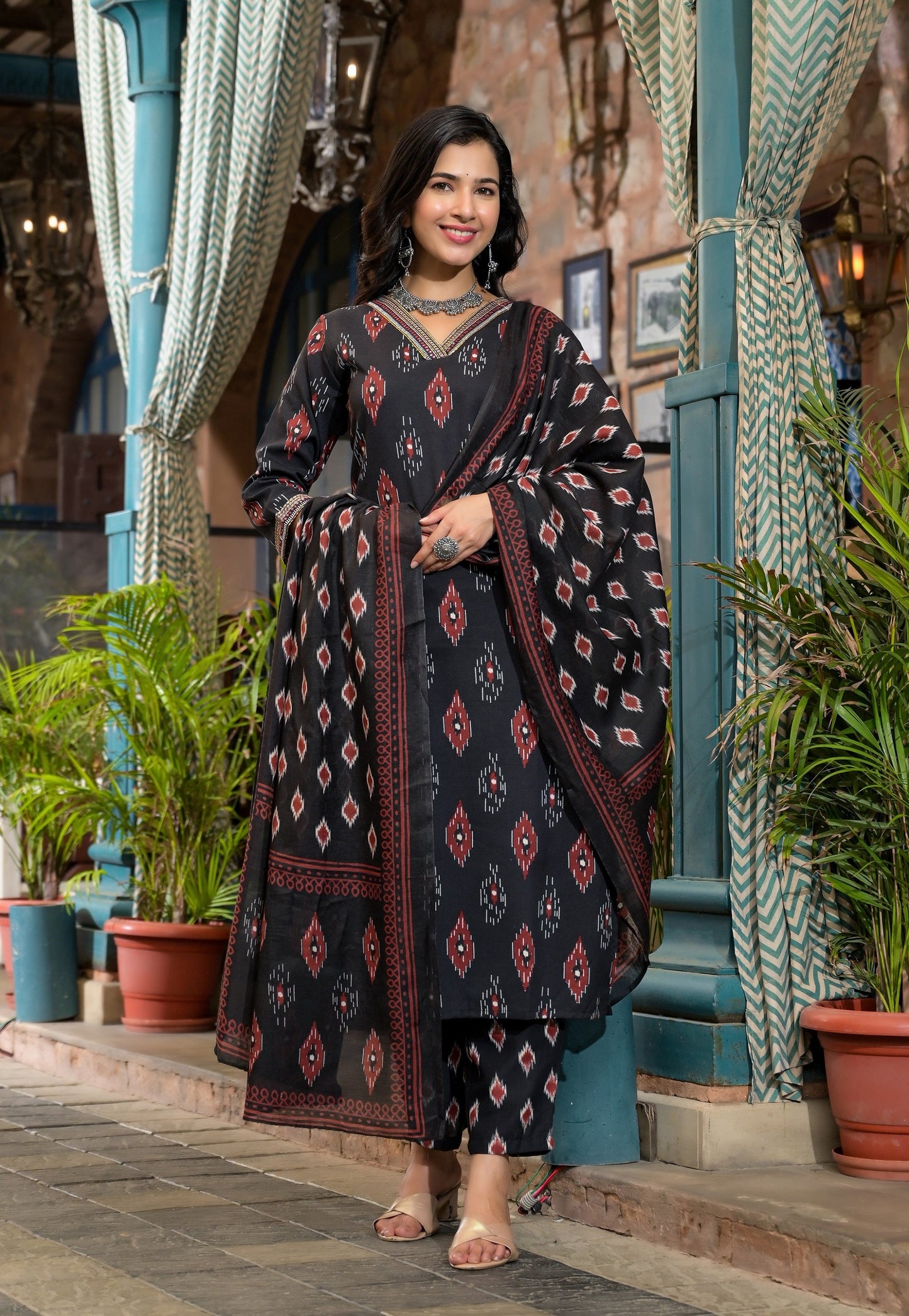 Women Black Embroidery Viscose Rayon Kurta, Pant And Dupatta Set