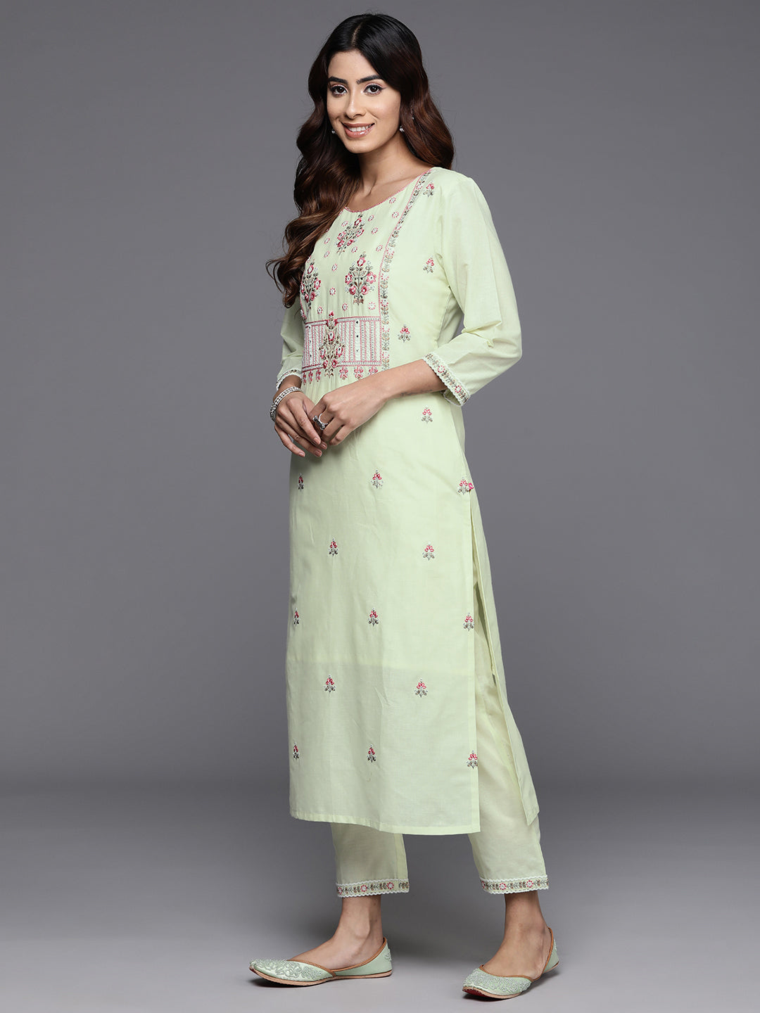 Dhiyona VR Women's Green Thread And Sequins Embroidered Kurta With Tonal Bottom And Dupatta