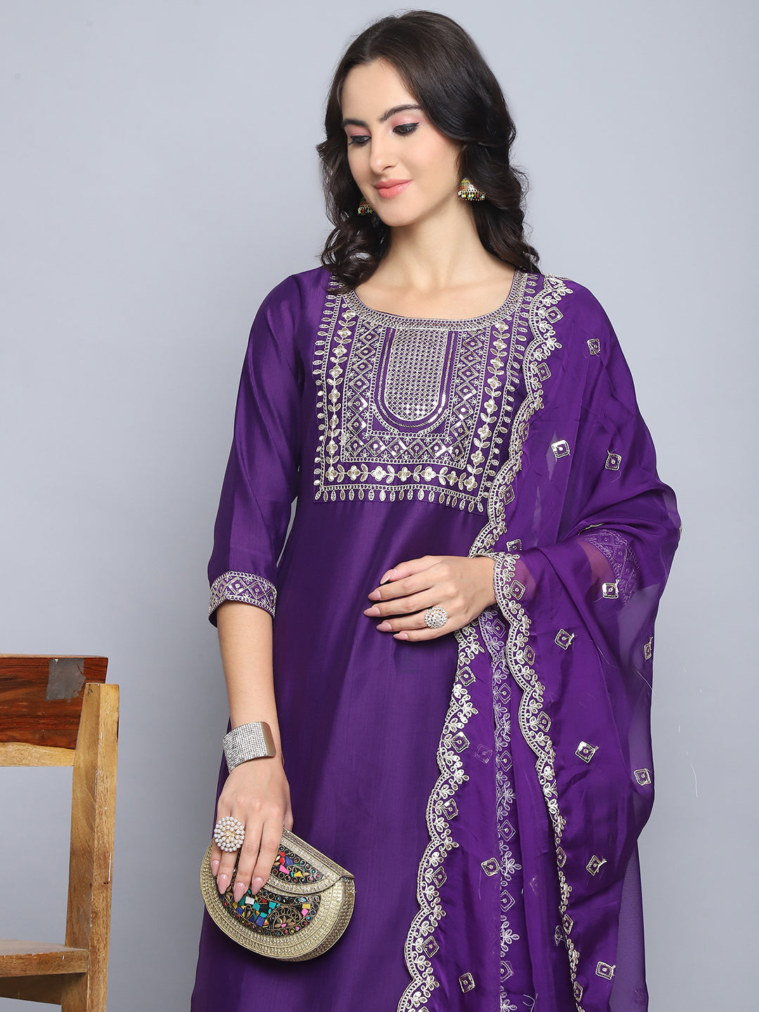 Women Purple Embroidery silk Kurta And Pant Set With Dupatta