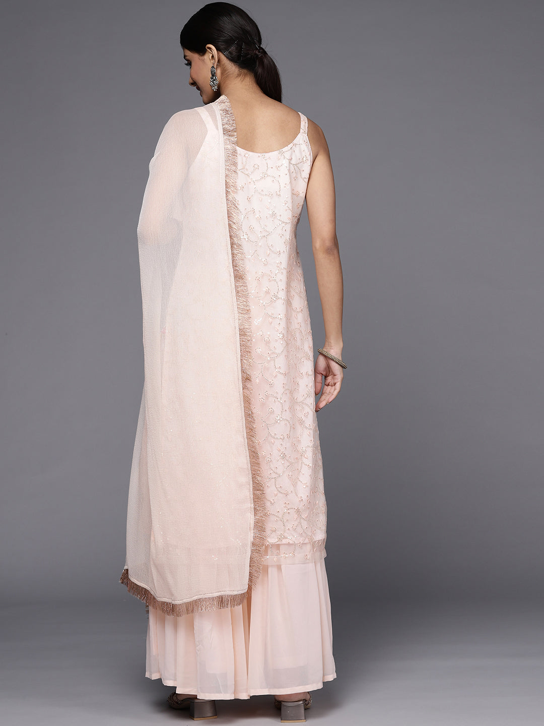 Dhiyona VR Women's Peach Embroidered Straight Kurta Paired With Contrast Bottom And Dupatta With Four Sided Fringes