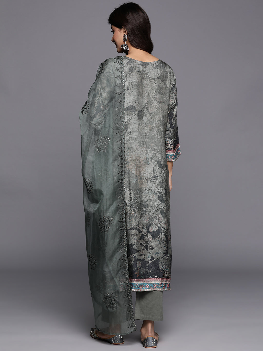 Dhiyona VR Women's Green Floral Printed Straight Kurta Paired With Tonal Bottom And Tonal Organza Embroidered Dupatta