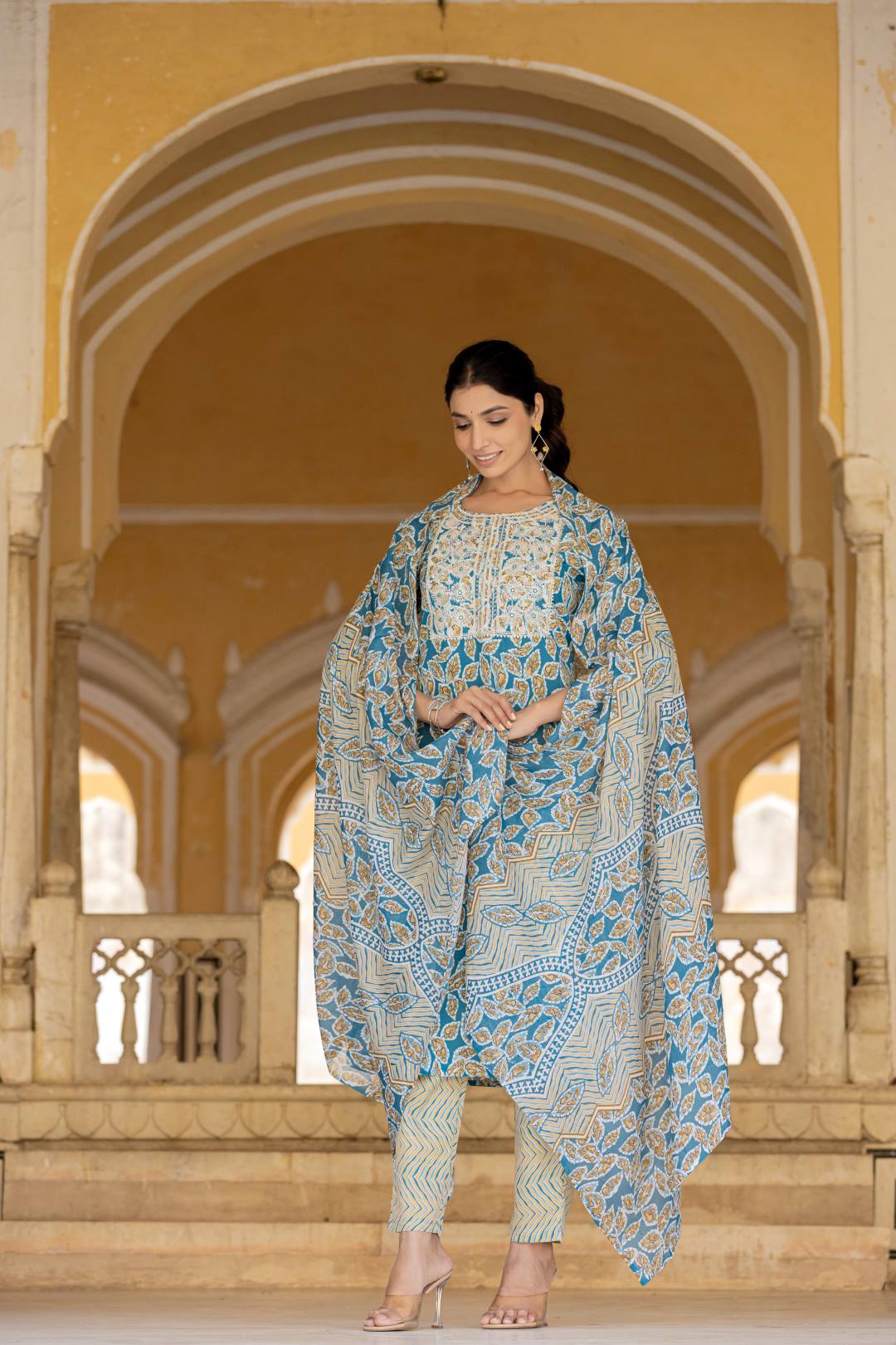 Dhiyona VR Women's Blue Round Neck Floral Printed Embroidered Kurta Paired With Bottom And Dupatta