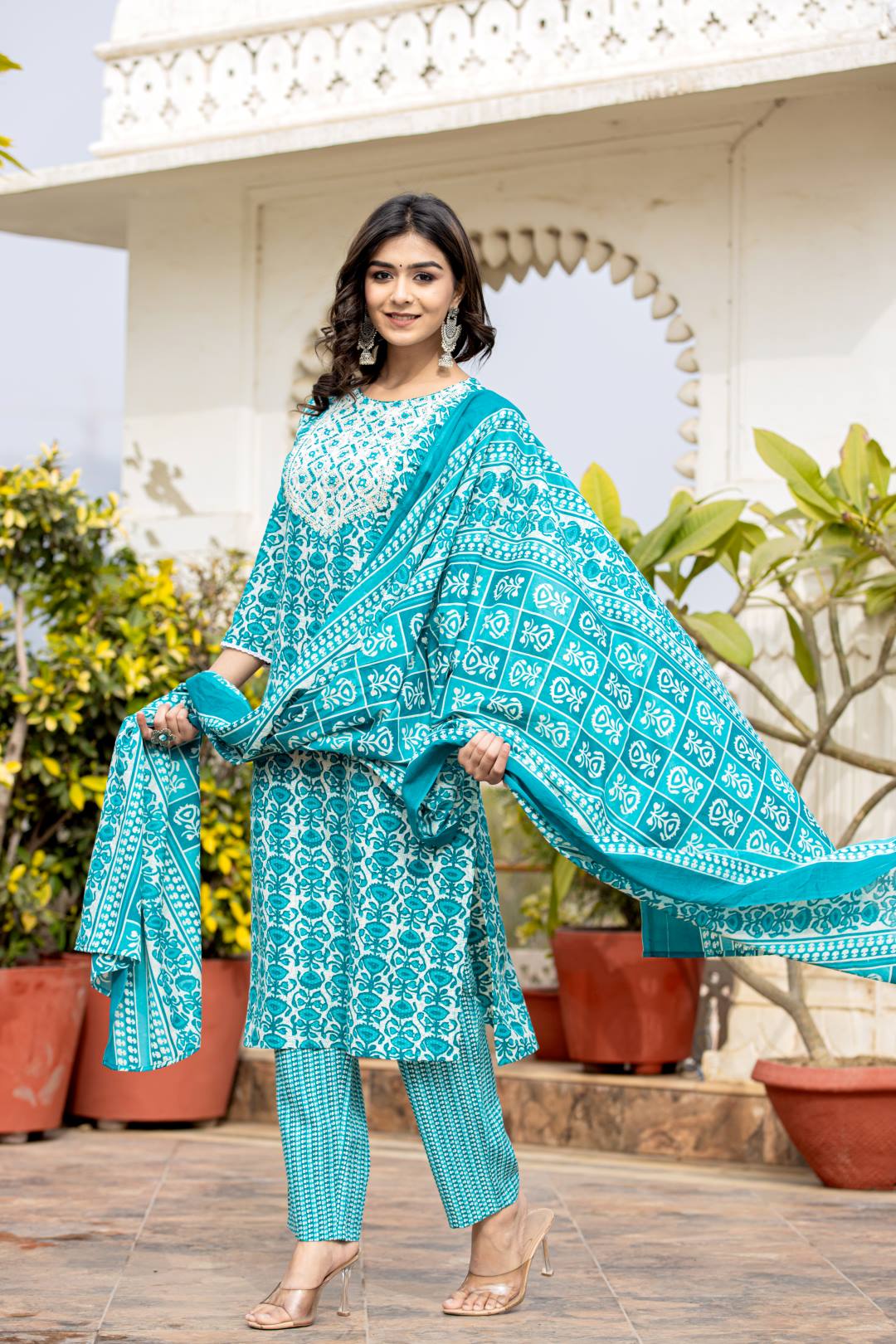 Dhiyona VR Women's Blue Printed Round Neck Yoke Embroidered Kurta Paired With Bottom And Dupatta