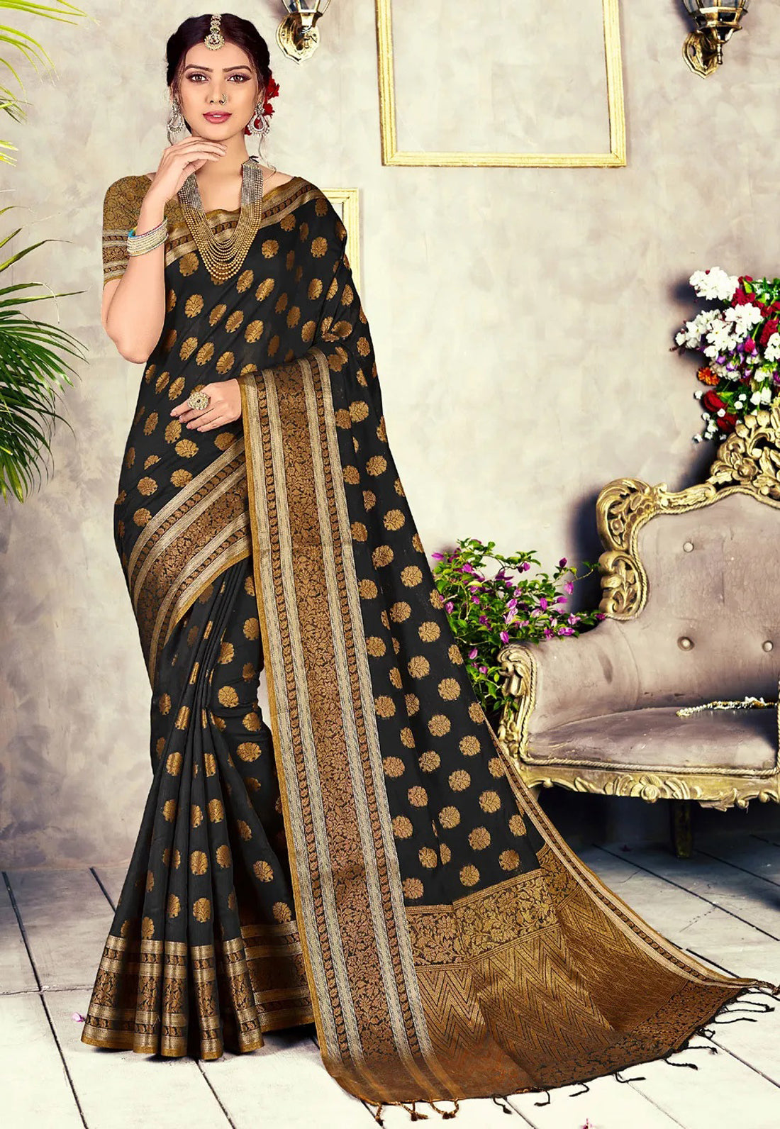 Dhiyona GR Women's GJ Black Diamond Carbon Black Zari Woven Design Cotton Blend Saree
