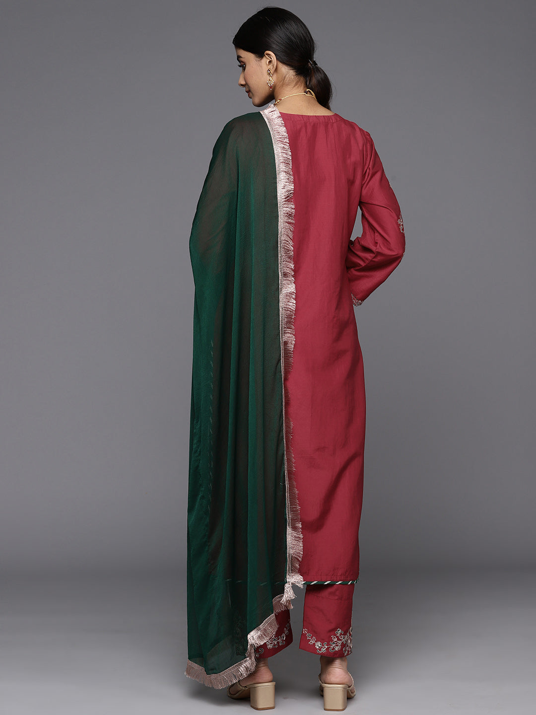 Dhiyona VR Women's Maroon Round Neck Yoke Embroidered Straight Kurta Paired With Tonal Embroidered Bottom And Contrast Dupatta With Fringes