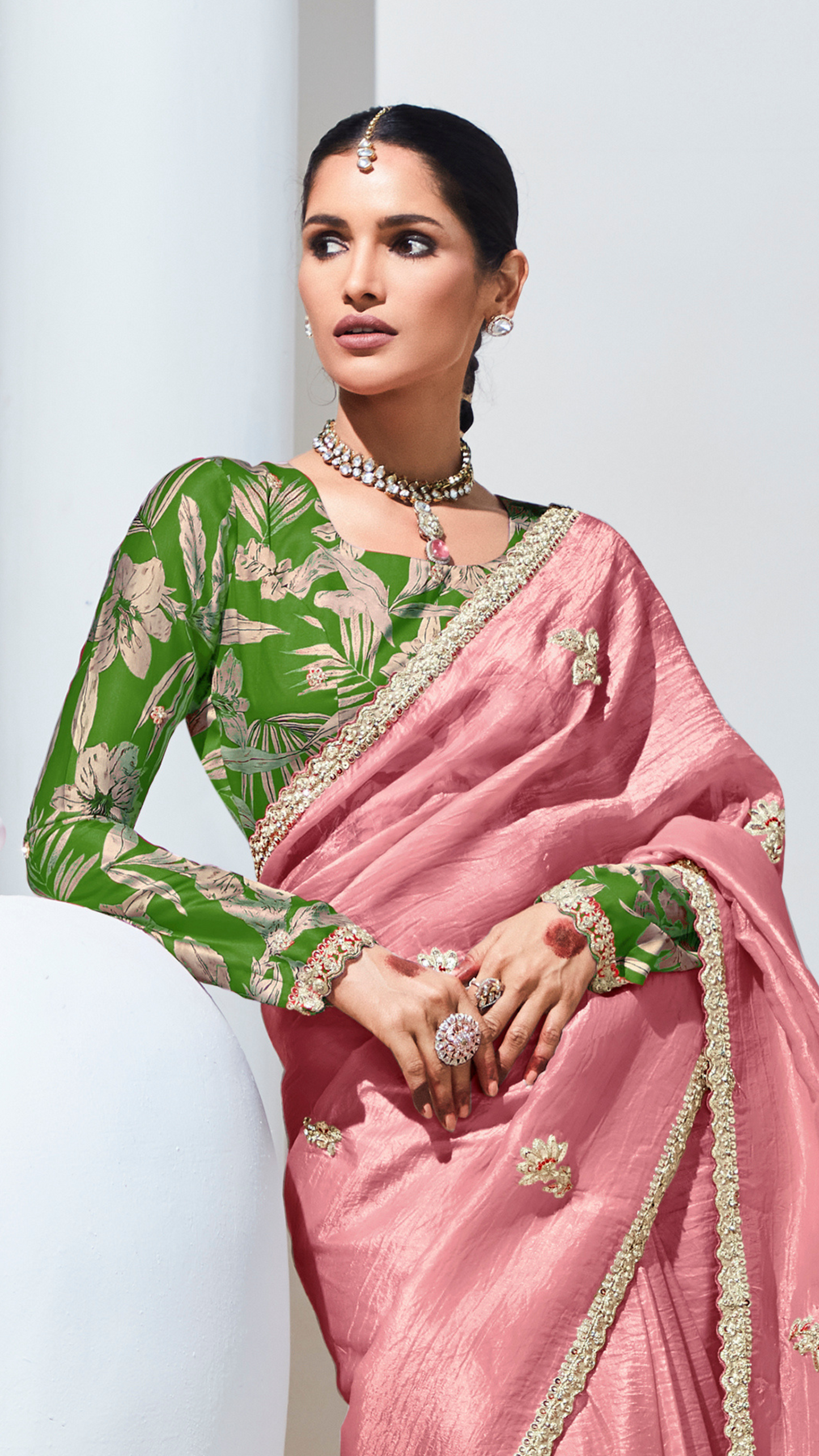 Dhiyona KM Women Peach Pure Tissue Silk Saree With Crushed Texture & Contrasting Green Blouse
