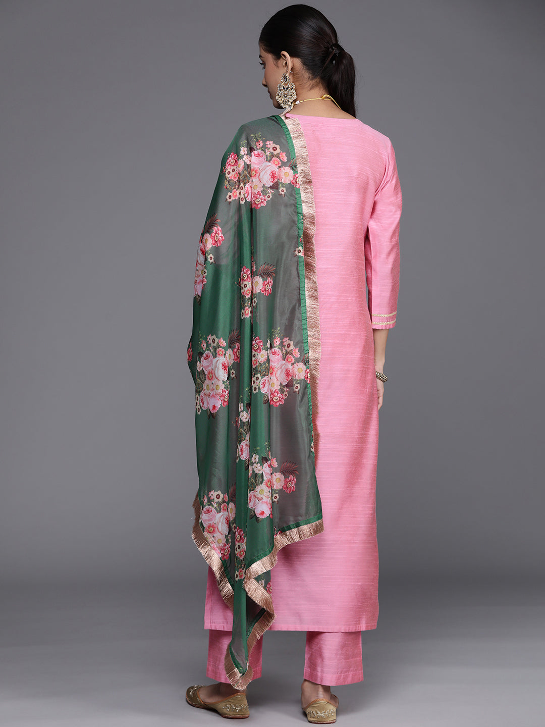 Dhiyona VR Women's Solid Kurta With Yoke Zari Sequins Embroidery Paired With Solid Pant And A Beautiful Organza Floral Dupatta With Zari Tassel