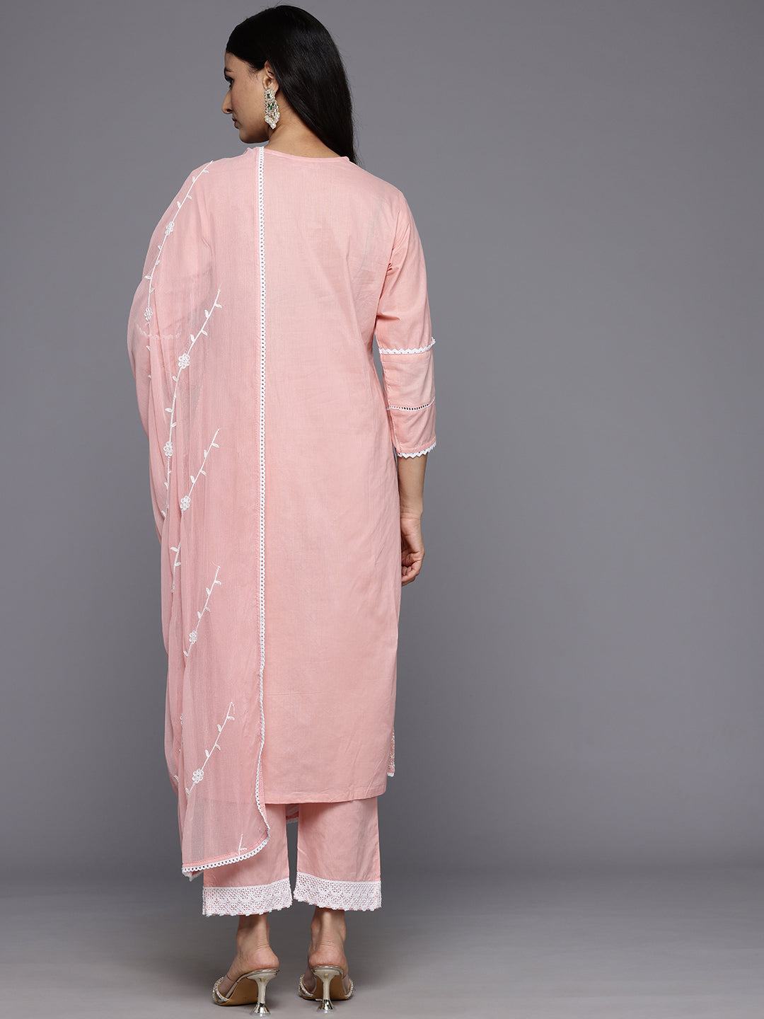Dhiyona VR Women's Pink V Neck Thread Embroidered With Tonal Bottom And Chiffon Dupatta