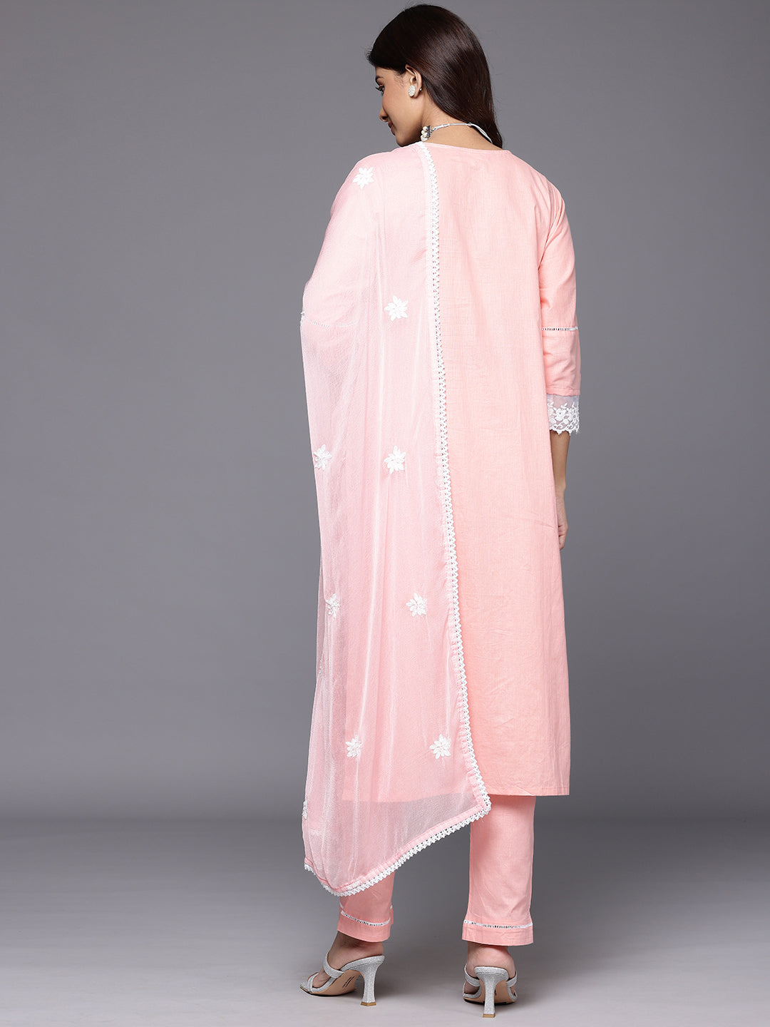 Dhiyona VR Women's Peach Round Neck Chikankari Straight Kurta With Bottom And Dupatta