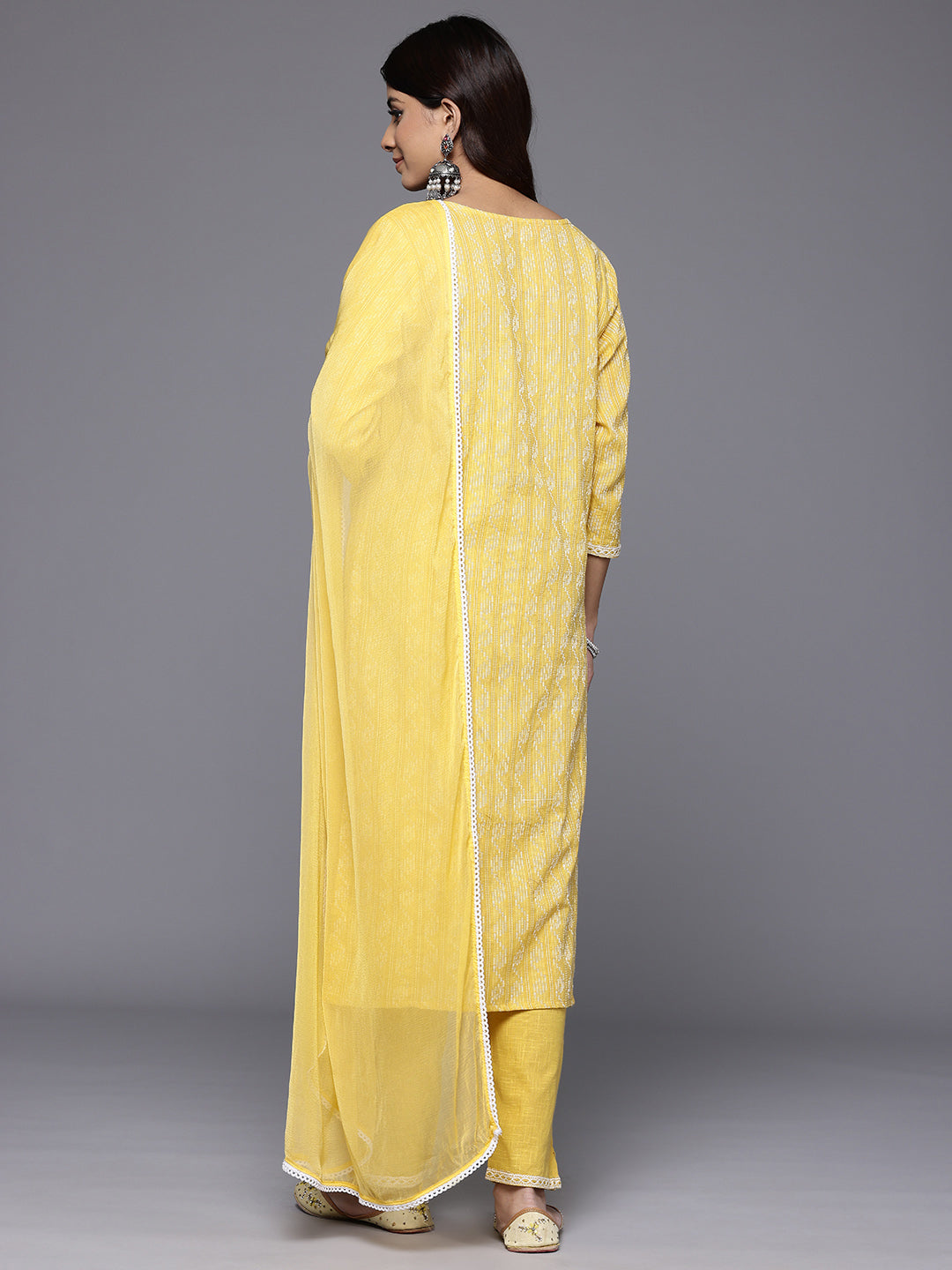 Dhiyona VR Women's Mustard Woven Design Round Neck, Three Quarter Sleeves Paired With Tonal Bottom And Dupatta