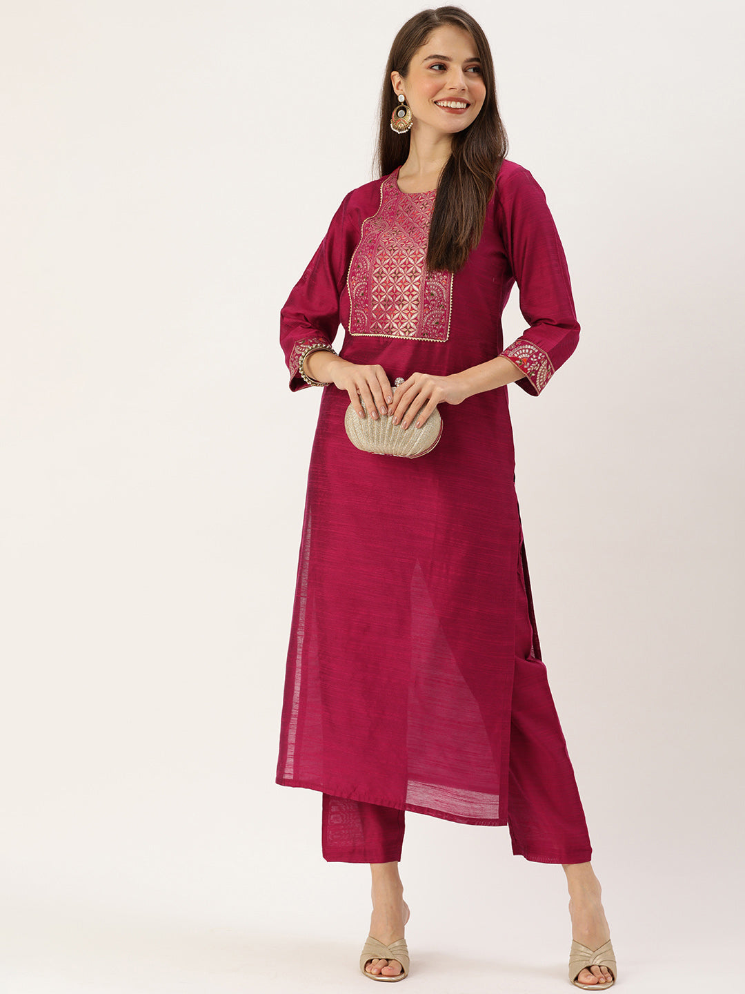 Dhiyona VR Women's Magenta Silk Kurta With Woven Yoke And Fully Elasticated Trouser