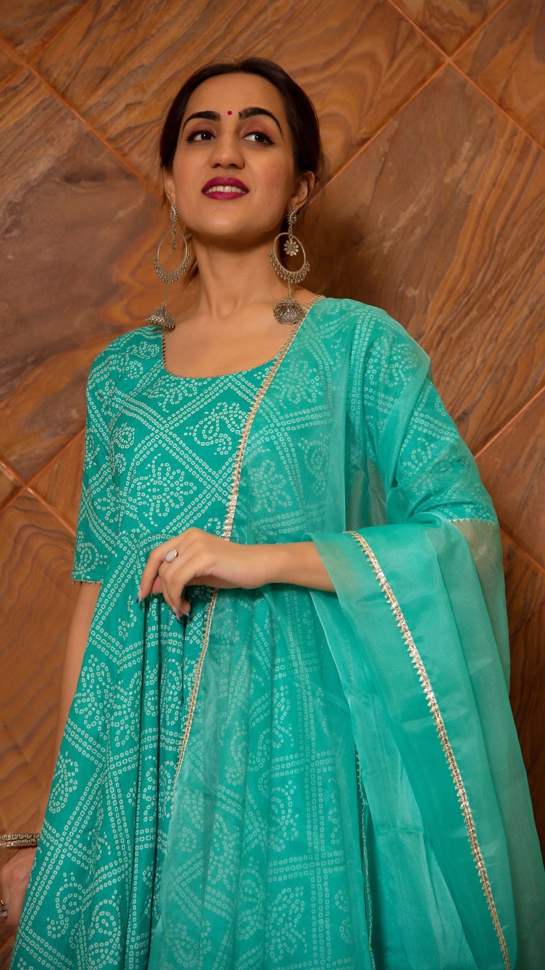Bandhej Tiffany Blue Cotton Anarkali Set