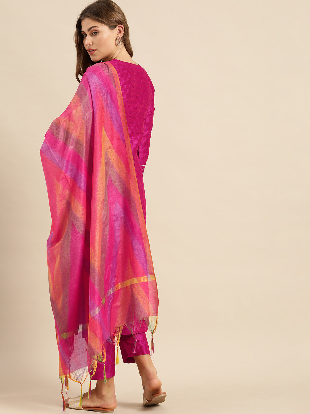 Dhiyona VR Women's Magenta Zari And Gota Patti Embroidery Kurta With Trouser With Multi Color Silk Dupatta
