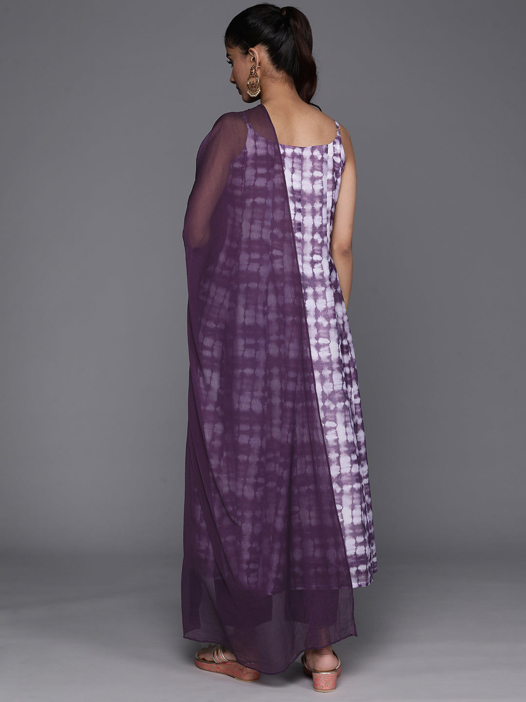 Dhiyona VR Women's Violet Spaghetti Strap Anarkali Kurta Paired With Tonal Bottom And Tonal Solid Dupatta