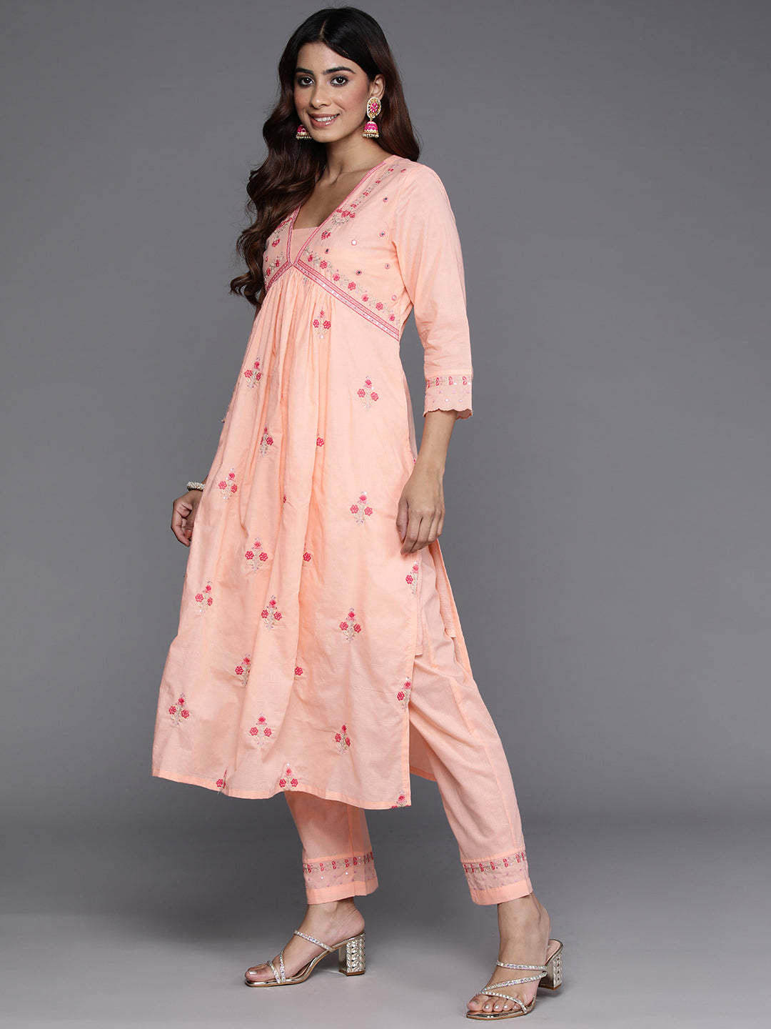 Dhiyona VR Women's Peach Thread And Sequins Embroidered Kurta With Tonal Bottom And Dupatta