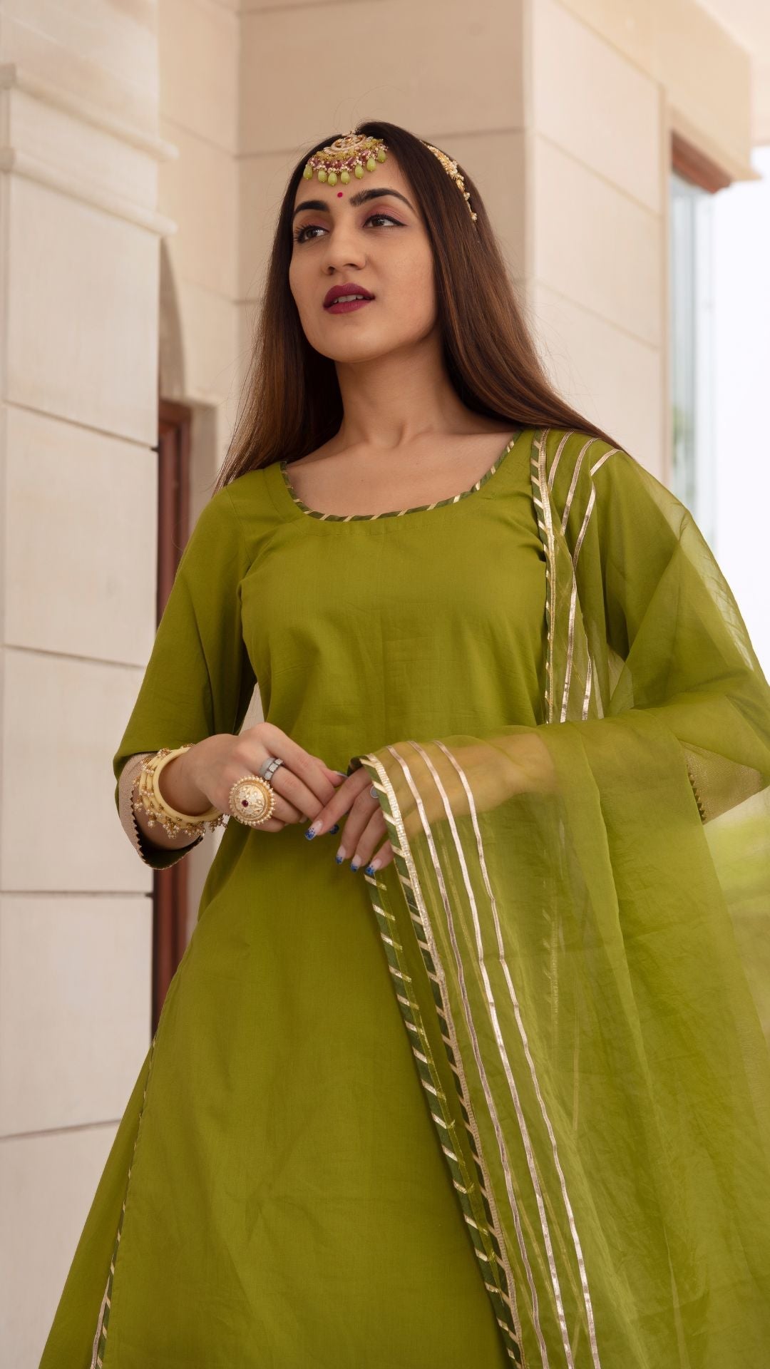 Falguni Green Long Kurta Skirt Set