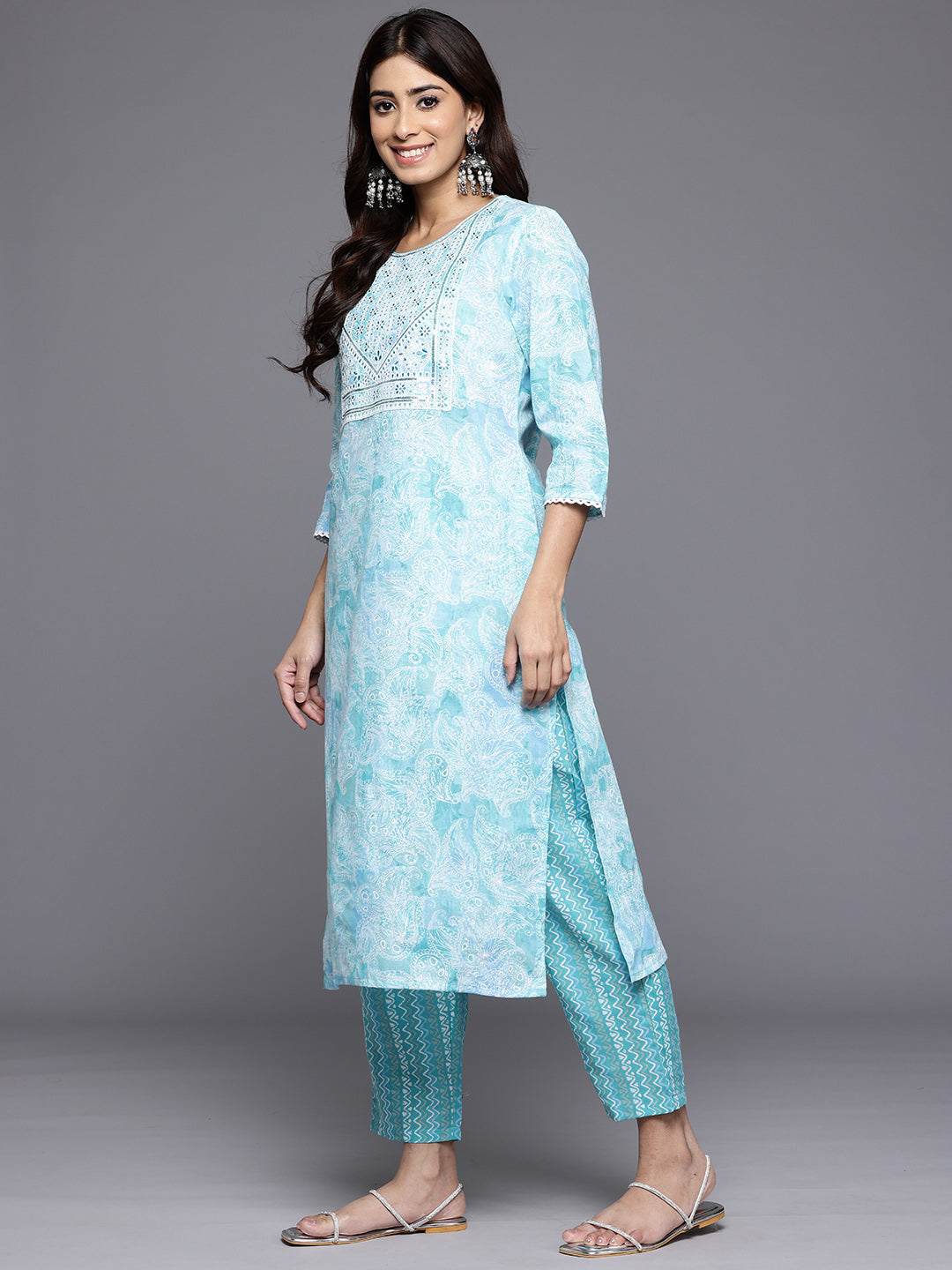 Dhiyona VR Women's Blue Printed Round Neck Yoke Embroidered Straight Kurta With Bottom And Dupatta