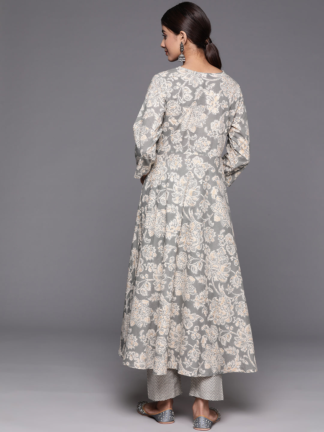 Dhiyona VR Women's Grey Floral Printed Angrakha Style Anarkali Kurta Paired With Printed Bottom