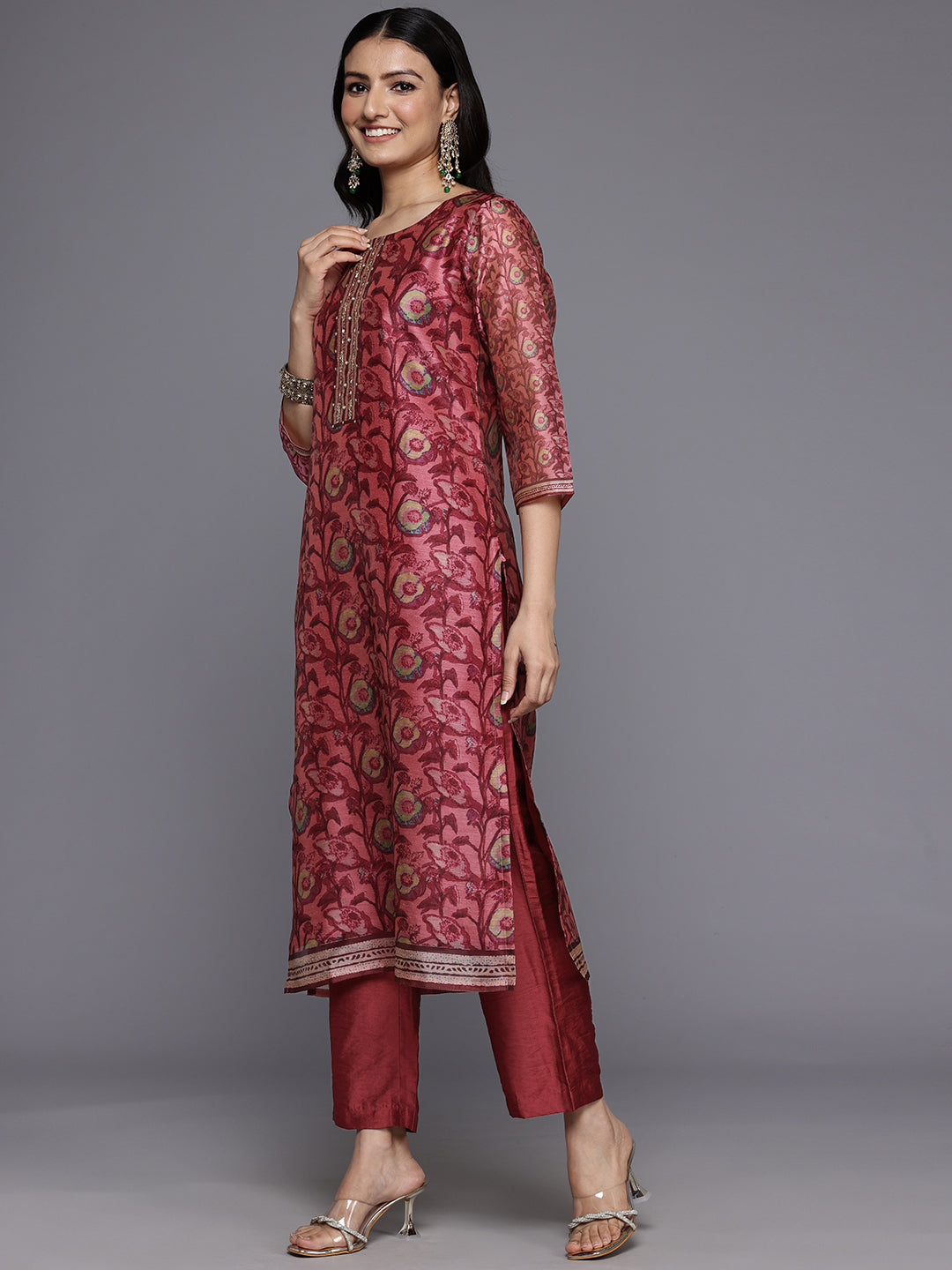 Dhiyona VR Women's Maroon Floral Printed Kurta, Round Neck Straight Kurta Paired With Tonal Bottom And Printed Dupatta